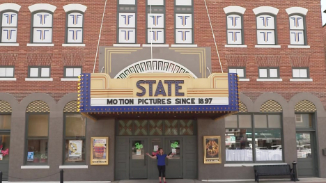 The front view of the historic State Theater in Washington, Iowa.