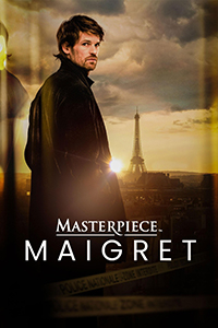 Maigret on Masterpiece Benjamin Wainwright (as Jules Maigret) in a long black coat looks over his right shoulder at the camera. The city of Paris, specifically the Eiffel Tower is off in the distance in front of him during a sunset/sunrise.