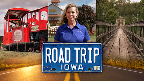 The red Center Grove Orchard train, Brooke Kohlsdorf (host), a suspended wooden footbridge and Road Trip Iowa logo above a sunlit two lane highway.