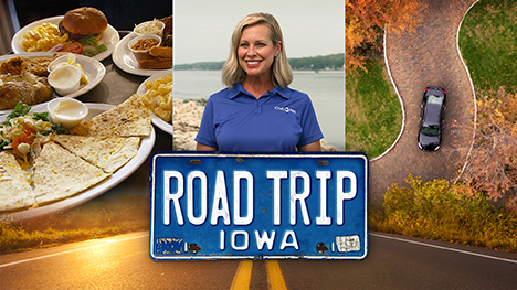 Plates of food, Brooke Kohlsdorf (host), a top-down drone view of a black car on a curvy road during fall and Road Trip Iowa logo above a sunlit two lane highway.