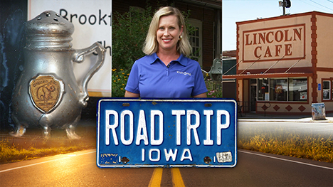 An ornate metal salt/pepper shater, Brooke Kohlsdorf (host), a building with the name LINCOLN CAFE over its door and Road Trip Iowa logo above a sunlit two lane highway.