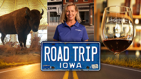 A statue of a bison, Brooke Kohlsdorf (host), a glass of wine and Road Trip Iowa logo above a sunlit two lane highway.
