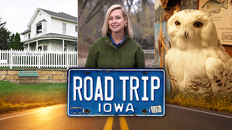 The Field of Dreams Movie Site house and white picket fence, Brooke Kohlsdorf (host), an owl and Road Trip Iowa logo above a sunlit two lane highway.