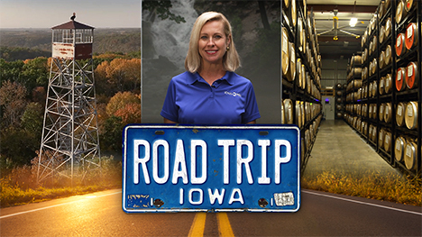 An observation tower in the woods, Brooke Kohlsdorf (host), a brewery hallway with stacked shelves of barrels and Road Trip Iowa logo above a sunlit two lane highway.
