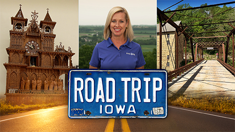 An ornate wooden clock, Brooke Kohlsdorf (host), a bridge and mill and Road Trip Iowa logo above a sunlit two lane highway.
