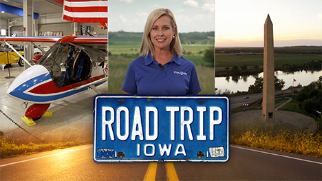 An airplane, Brooke Kohlsdorf (host), a monument near a river and Road Trip Iowa logo above a sunlit two lane highway.