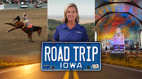A bucking horse and its rider at a rodeo, Brooke Kohlsdorf (host), a colorful church and Road Trip Iowa logo above a sunlit two lane highway.