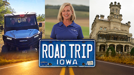 An offroad vehicle, Brooke Kohlsdorf (host), a castle-like building and Road Trip Iowa logo above a sunlit two lane highway.