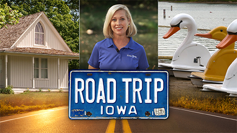 American Gothic house, Brooke Kohlsdorf (host), swan and duck pedal powered boats and Road Trip Iowa logo above a sunlit two lane highway.