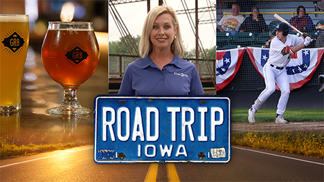 Two glasses of beer, Brooke Kohlsdorf (host), a basball player at bat and Road Trip Iowa logo above a sunlit two lane highway.