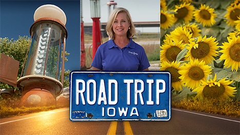 An old gas pump, Brooke Kohlsdorf (host), sunflowers and Road Trip Iowa logo above a sunlit two lane highway.