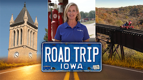 Iowa State University campanile, Brooke Kohlsdorf (host), two people riding a rail explorer pedal powered vehicle on the Boone Scenic Valley Railroad and Road Trip Iowa logo above a sunlit two lane highway.