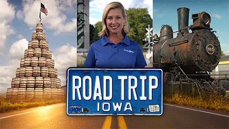 tower of barrels, Brooke Kohlsdorf (host), old train locomotive and Road Trip Iowa logo above a sunlit two lane highway.