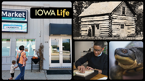 Iowa Life logo, Market on Market grocery storefront, a black and white photo of a March 1857 Spirit Lake Massacre house (Text at the bottom of the photo reads, "ONLY HOUSE LEFT OF THE MASSACRE OF 1857."), artist Jill Wells works on braille artwork and a Blanding Turtle.