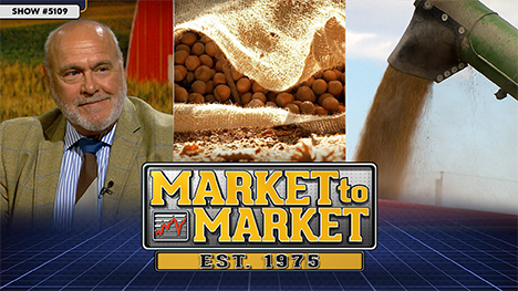 Market to Market - October 17, 2025 | Dan Hueber, an open bag of hazelnuts and a close-up shot of beans coming out of an auger.