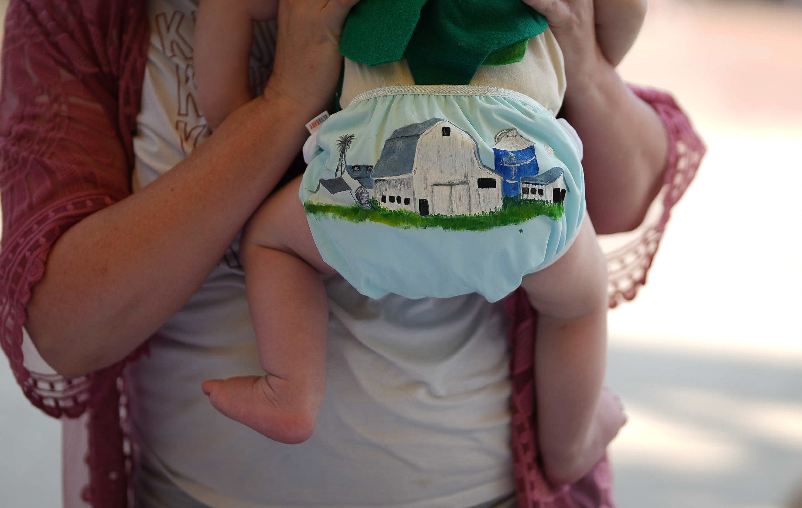 A farming landscape painted onto a diaper for the Decorated Diaper Contest.