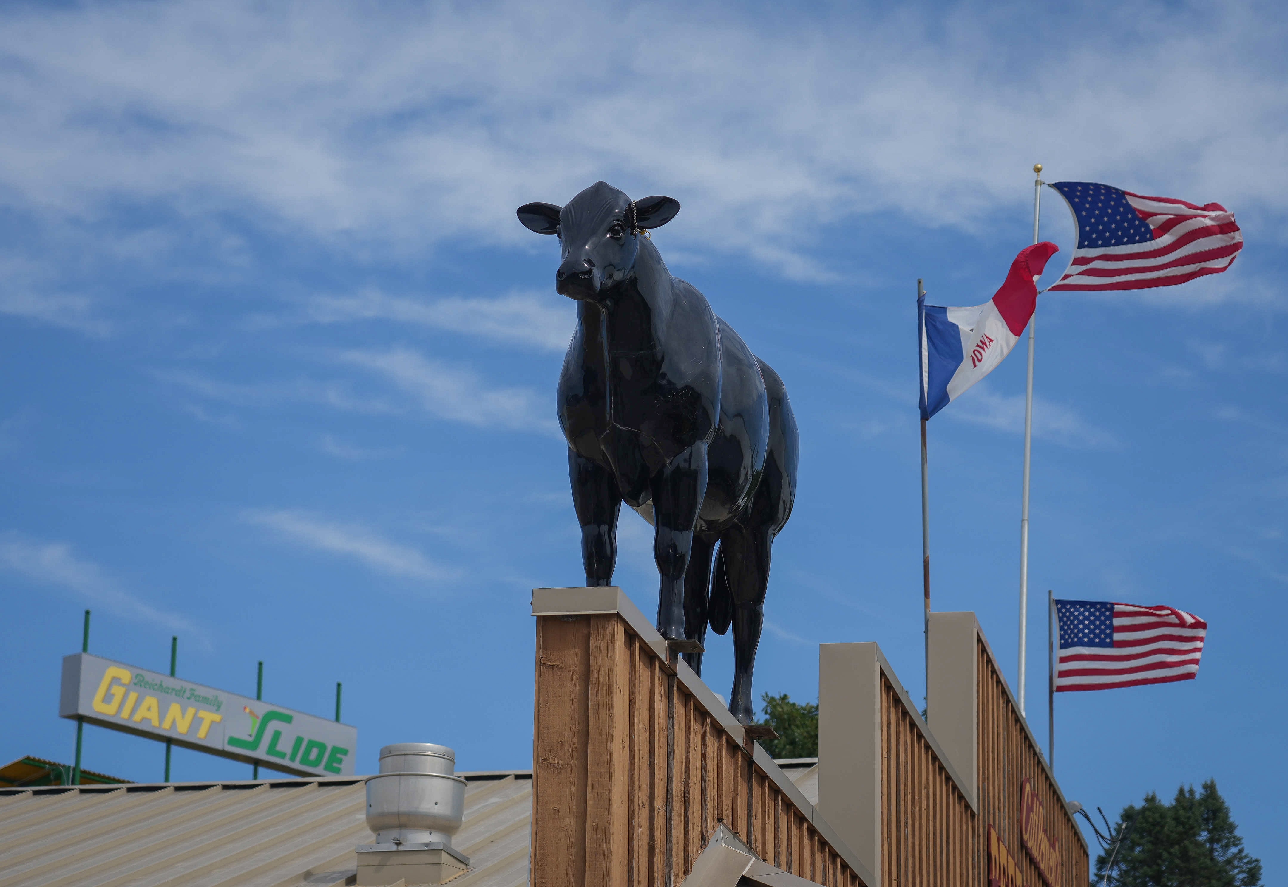 Cow statue on top of a restaurant at the Iowa State Fair