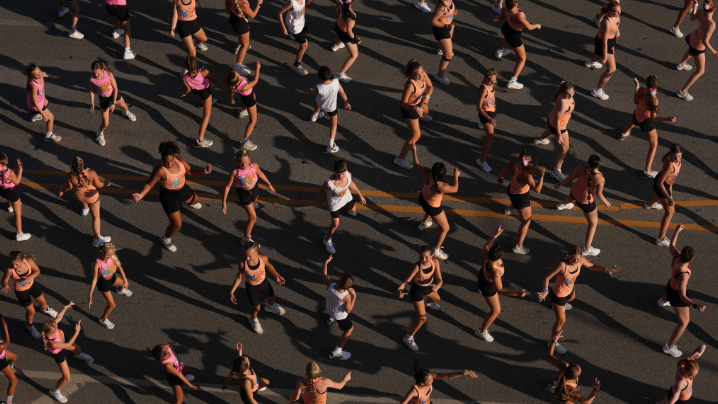 Getting a bird's eye view of dancers performing in the Iowa State Fair Parade