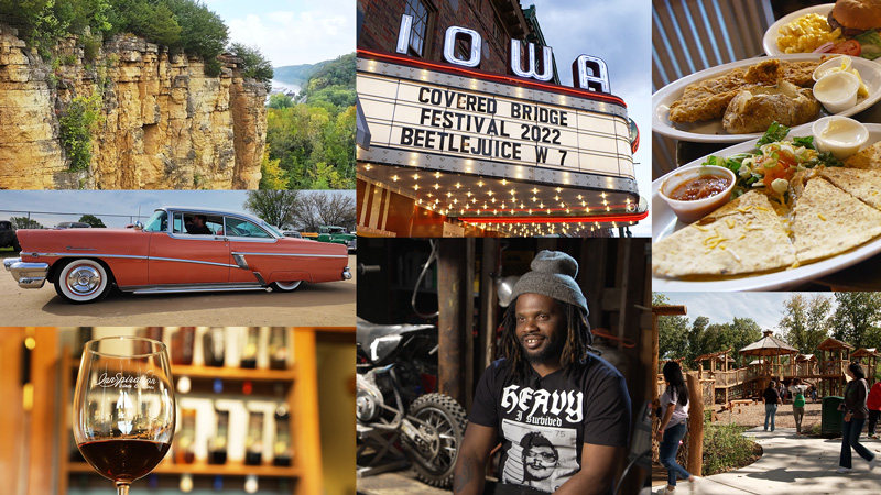 High bluffs, a theater marquee, a glass of wine