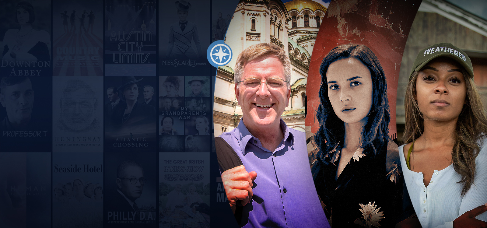 A collage featuring various TV show posters on the left and three different individuals on the right.