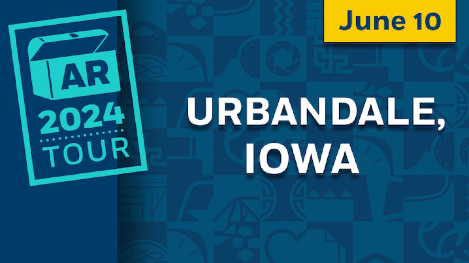 A blue graphic with white text reading "Urbandale, Iowa" featured prominently in the center. A teal Antiques Roadshow tour logo on the left. The logo includes an open trunk with the letters "AR" on the front and "2024 tour" below the trunk. The graphic also contains "June 10" in a yellow text box in the upper right corner.