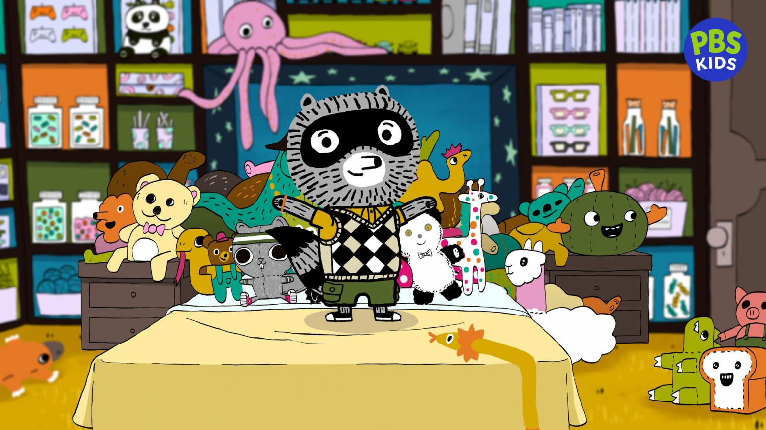 Cartoon image of a grey raccoon on his bed, showing off his collections