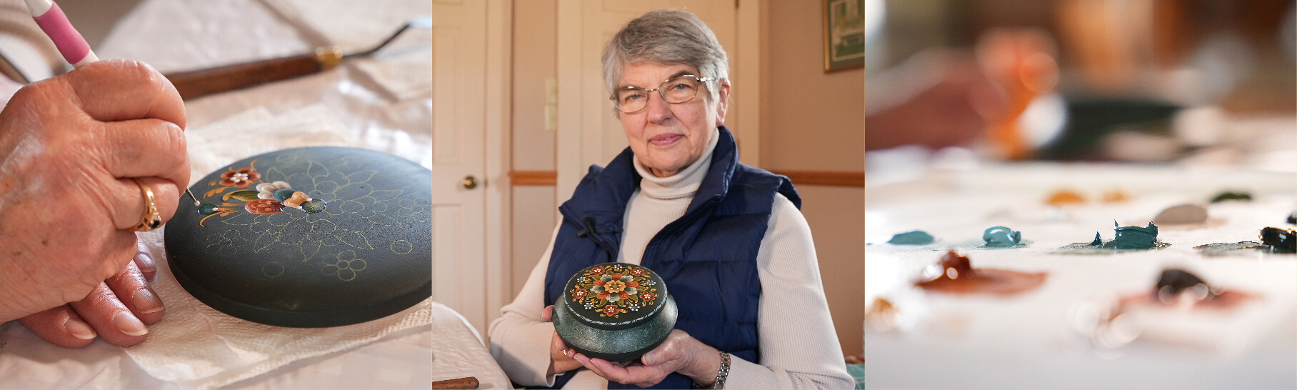 Rosemaling artist Ruth Green photo compilation - a close up of her hands working on a rosemaling project, Ruth holding a finished project, and her paint pallet 