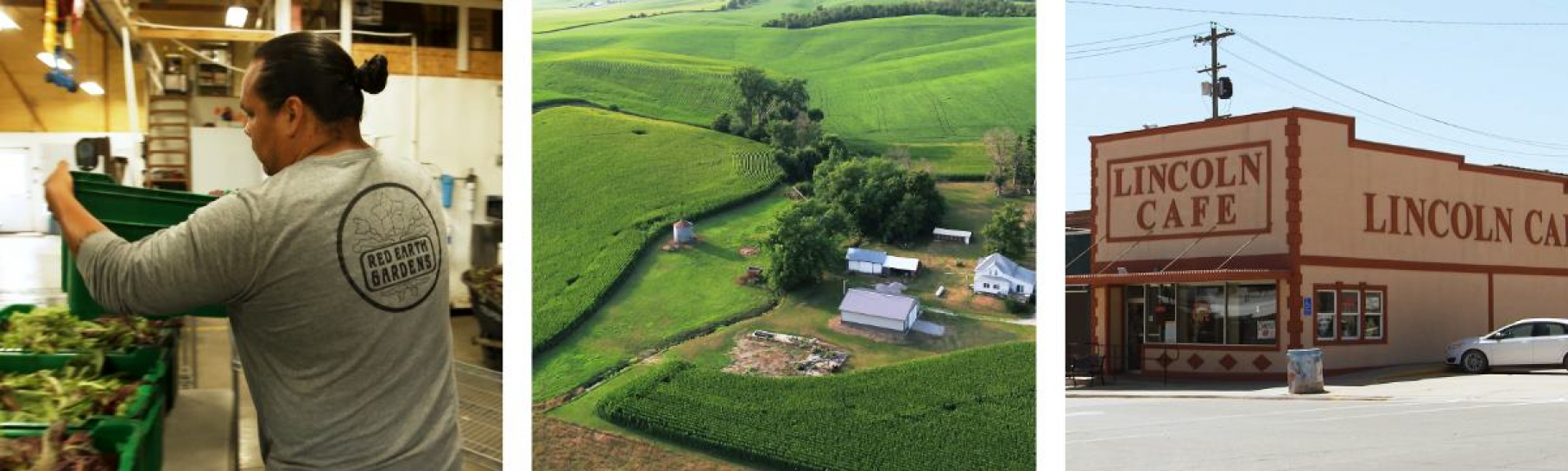 Three photos from L-R: Meskwaki Nation's Red Earth Gardens, drone image of green farm land, brown building with "Lincoln Cafe" on the sign