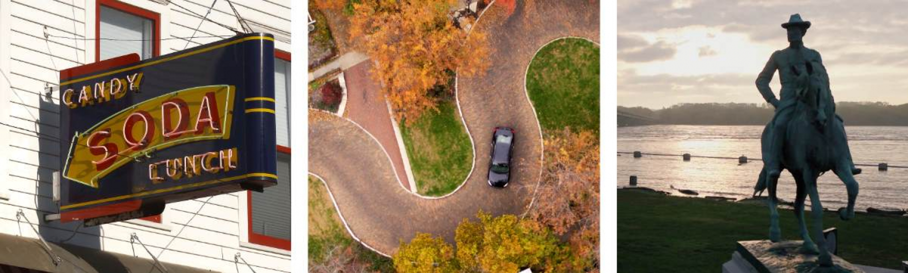 Three photos from L-R: Soda fountain building sign, curvy road shot from above, statue of man on a horse