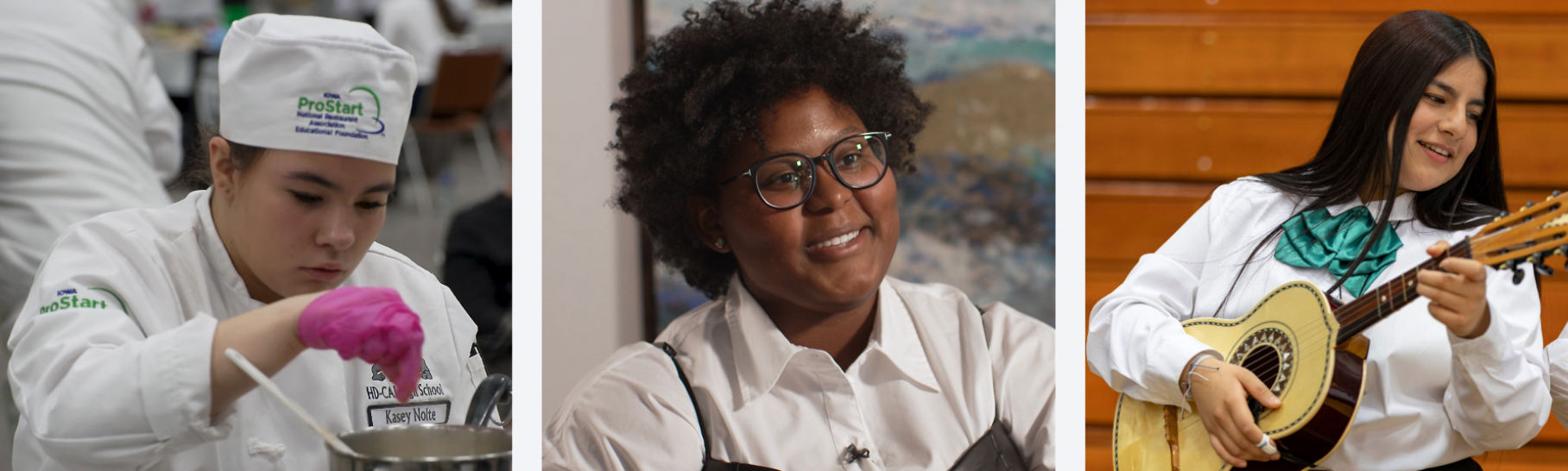 A woman in a white jacket and hat drops a pinch of something into a pot, a black woman in a white shirt and black apron smiles, a latino woman plays a guitar