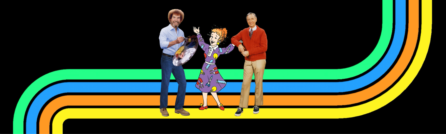 Colored ribbon on top of black background with 3 PBS characters