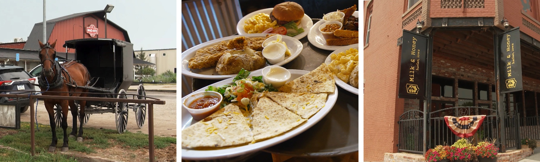 Three photos from L-R: MaidRite, food on table, Milk and Honey