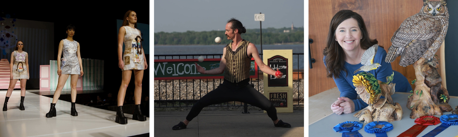 Three photos from L-R: three women modeling on a runway, one man posing while juggling, one woman posing by a carved wooden owl