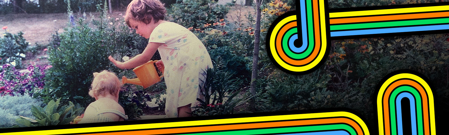 vintage photo of two young children gardening