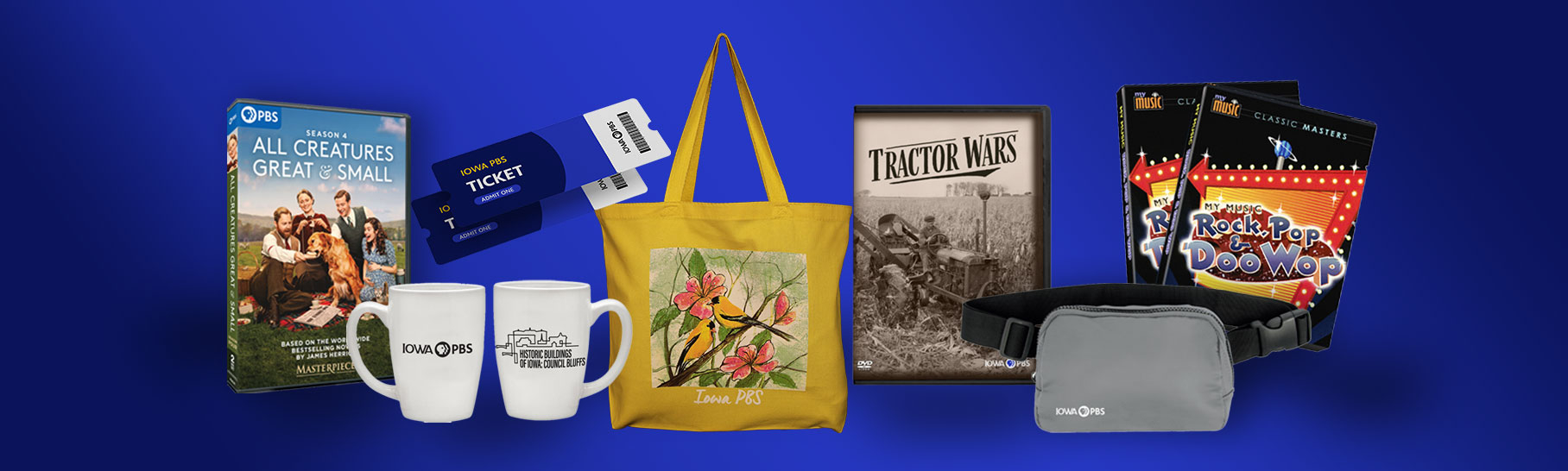 All Creatures Great and Small on DVD, Tractor Wars on DVD, Iowa PBS ceramic mug, fanny pack and event tickets