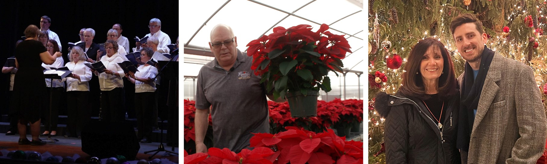 Three photos from L-R: A choir singing, a man holding a poinsettia, a mother and son in front of a Christmas tree