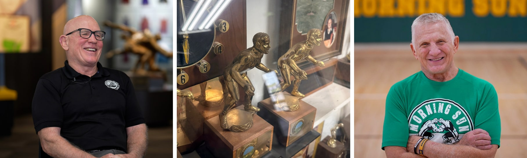 Announcers Jim Miller (left) and Tim Johnson (right) with wrestling trophies in the middle