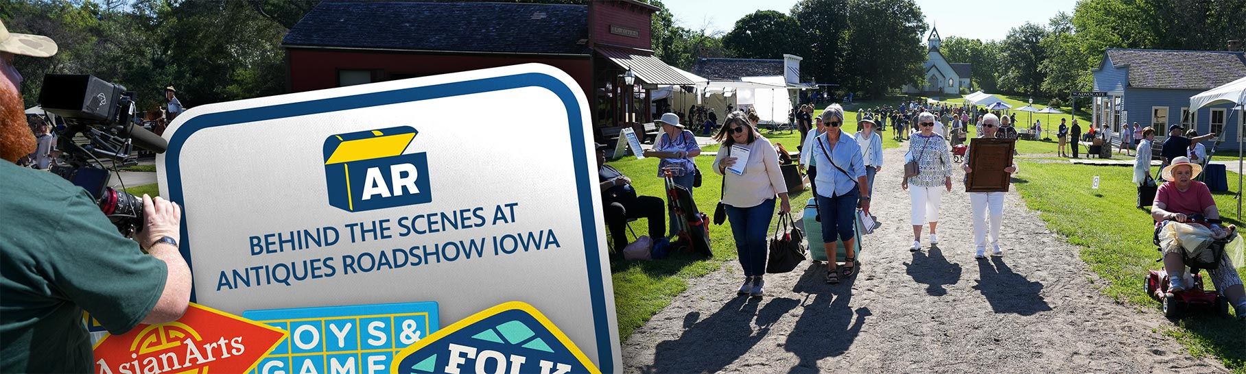 Behind the Scenes at Antiques Roadshow Iowa. Six women walk along a gravel path carrying historical items.