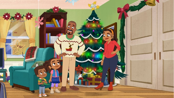 Alma and her family in their living room that's decorated for Christmas in the PBS KIDS show Alma's Way