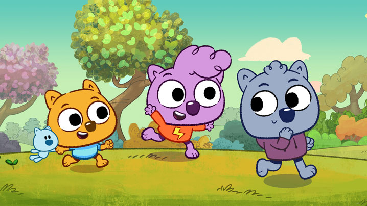 Three animated wombats, one orange, one purple and one blue, run across a lawn..