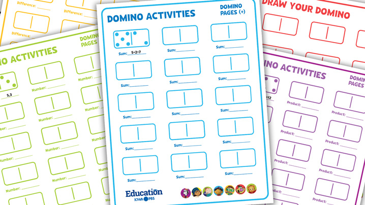 Worksheets with illustrations of dominos that can be drawn on and used for math practice.