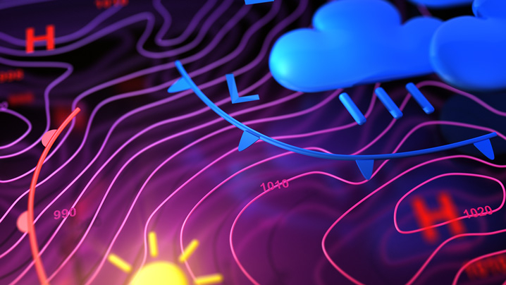 Weather map showing high pressure, clouds, rain and sunshine.