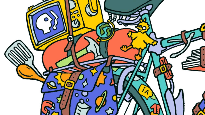 close up of illustrated bike picture featuring Big Bird, the PBS logo, Miss Frizzle's dress bag, a globe