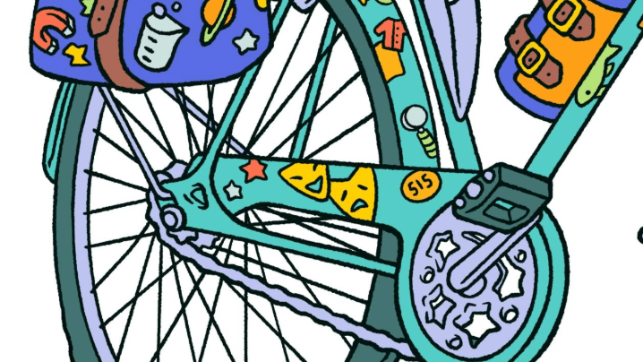 close up of illustrated bike picture with bike gears, water bottle, drama and comedy masks, red sweater and fish sticker