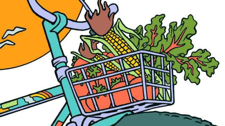 close up of illustrated bike picture with basket of vegetables and corn