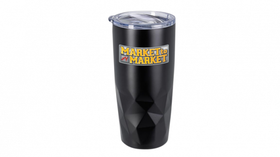 Black travel mug with Market to Market logo