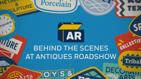 Colorful labels of different types of antiques like furniture, tribal, etc with the Antiques Roadshow logo