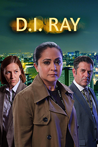 Character, D.I. Rachita Ray stands in front of a night cityscape with two other characters from the show flanking her sides.