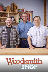 Woodsmith Shop poster art featuring three hosts in a woodworking shop.