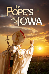 The Pope's Visit to Iowa, A person in a white robe and tall tall diamond shaped hat reaches towards the clouds as they face the sunset